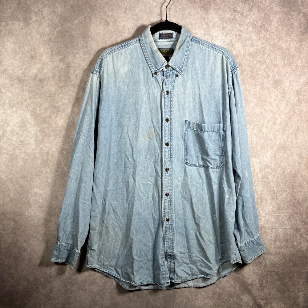 Chaps Ralph Lauren Dress Shirt Mens Size 16.5 34/35 Blue Denim Button Down‎ FLAW